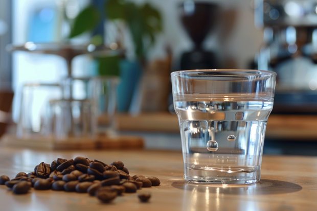 Espressobohnen neben einem Glas Wasser